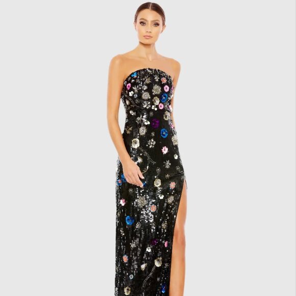 NWT - Mac Duggal Black Floral Sequined Strapless Gown - Picture 1 of 6